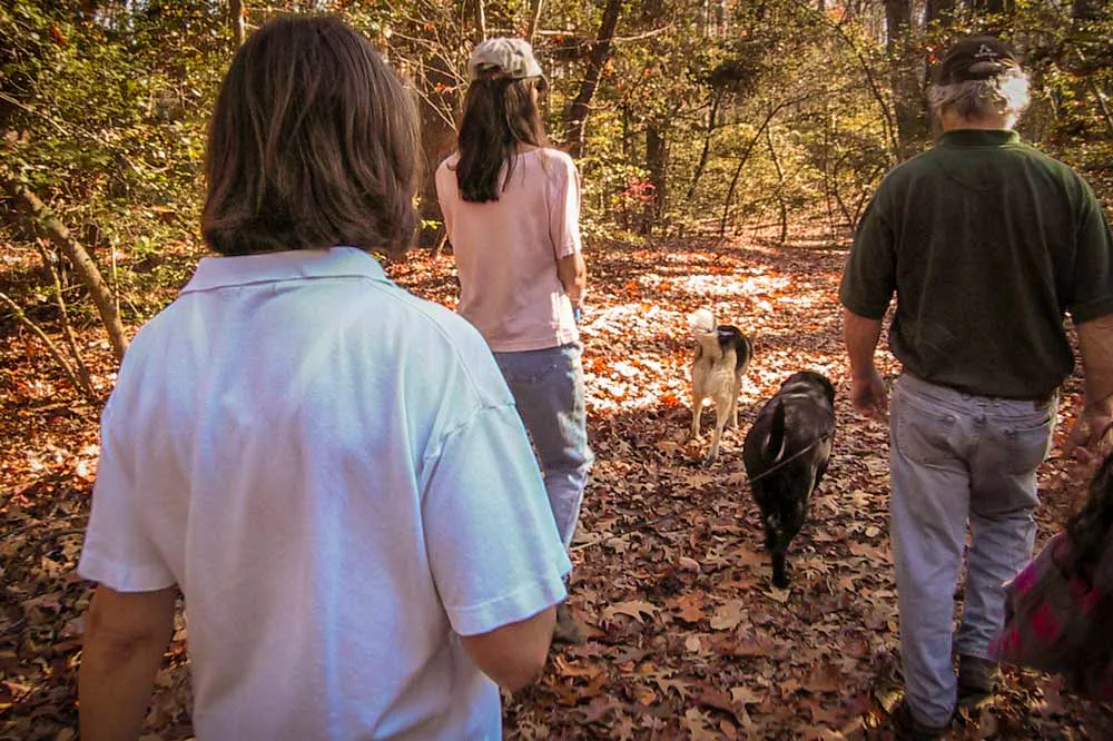 A family walking the nature trail with their dog.