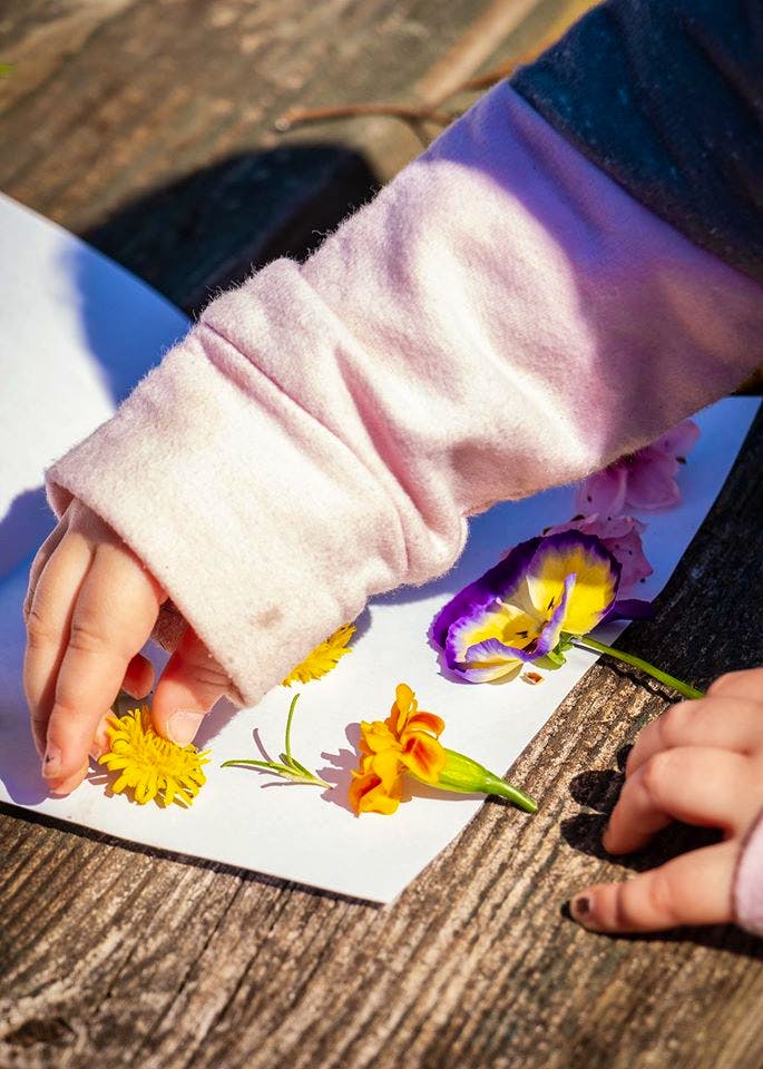 A young child's hand is pressing flowers onto a page