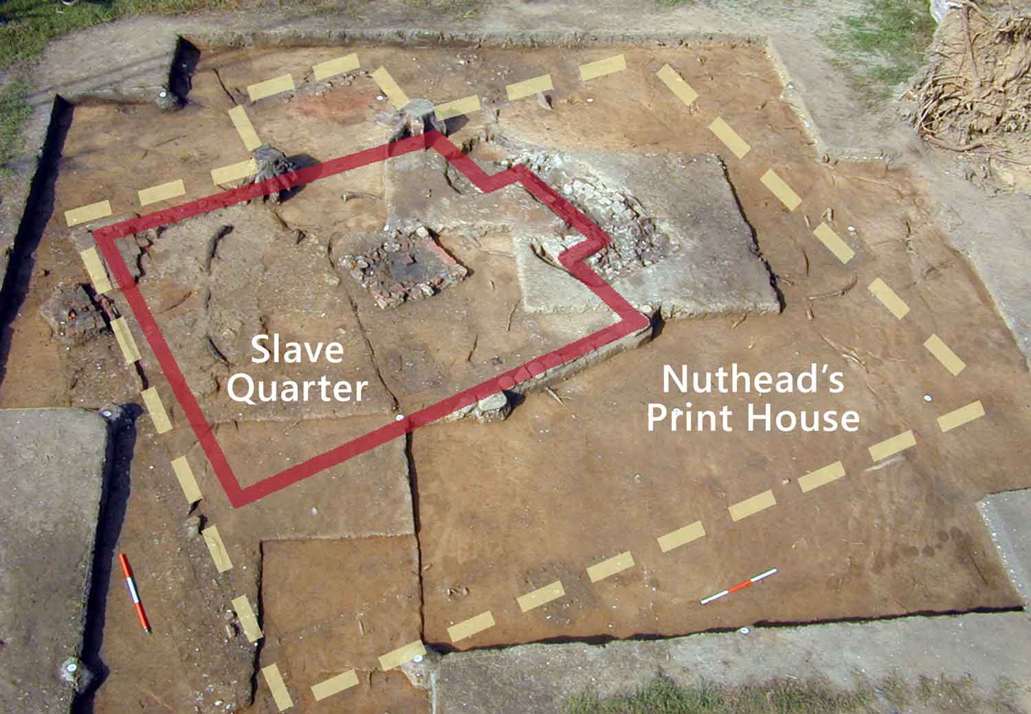 Archaeological remains of the 19th-century single quarter overlaying the 17th-century Print House